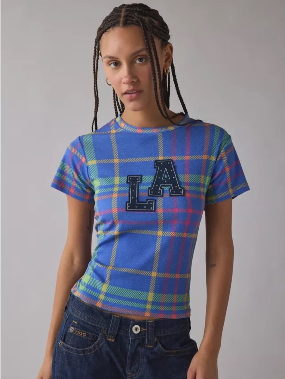 Urban Outfitters LA Applique Blue Graphic Plaid Print Baby Tee Size Large NWOT